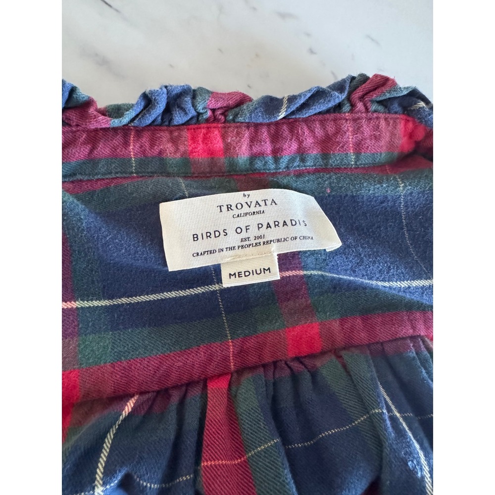 Birds of Paradis by Trovata Plaid Flannel Ruffle Collar Shirt Navy Red Medium - Picture 3 of 6